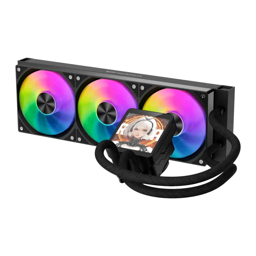 Refroidissement Liquide Darkflash 360mm Noir DV360S MAX, vue de face: radiateur avec 3 ventilateurs RGB et tête de pompe