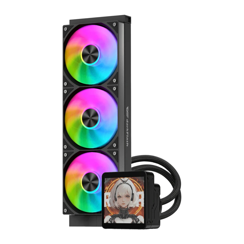 Refroidissement Liquide Darkflash 360mm Noir DV360S MAX, détail: radiateur avec 3 ventilateurs ARGB et écran LCD sur la pompe