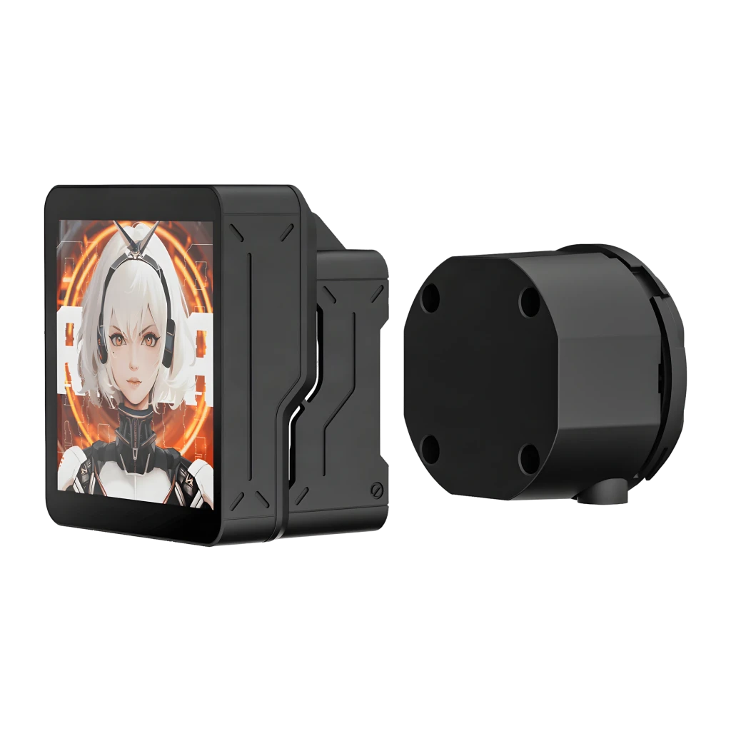 Refroidissement Liquide Darkflash 360mm Noir DV360S MAX, détail: tête de pompe avec écran LCD anime et base de montage noire