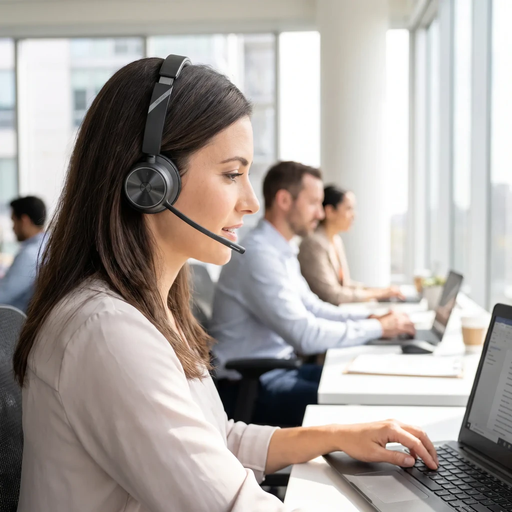 Casque Poly Savi 7420 Office Stereo DECT Réduction de Bruit Arceau 13h Bleu, en utilisation: femme avec casque
