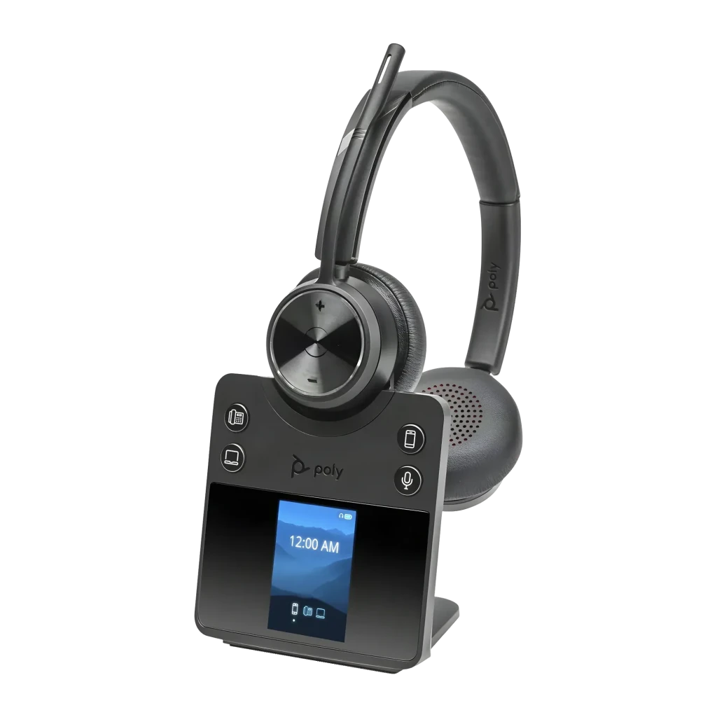 Casque Poly Savi 7420 Office Stereo DECT Réduction de Bruit Arceau 13h Bleu, détail: base de charge avec écran tactile