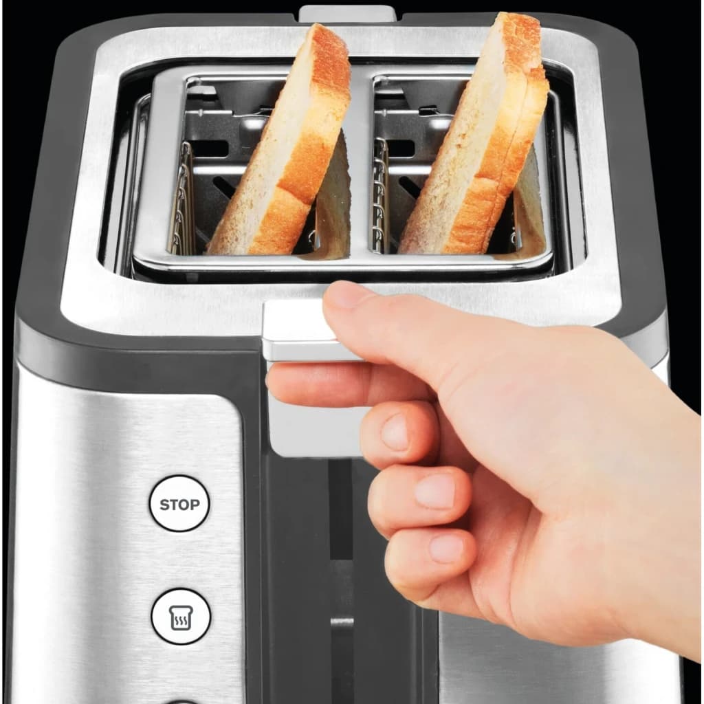 Grille-pain Krups Control Line 850W 2 Fentes Acier Inoxydable KH442D, en cours d'utilisation: main abaissant le levier