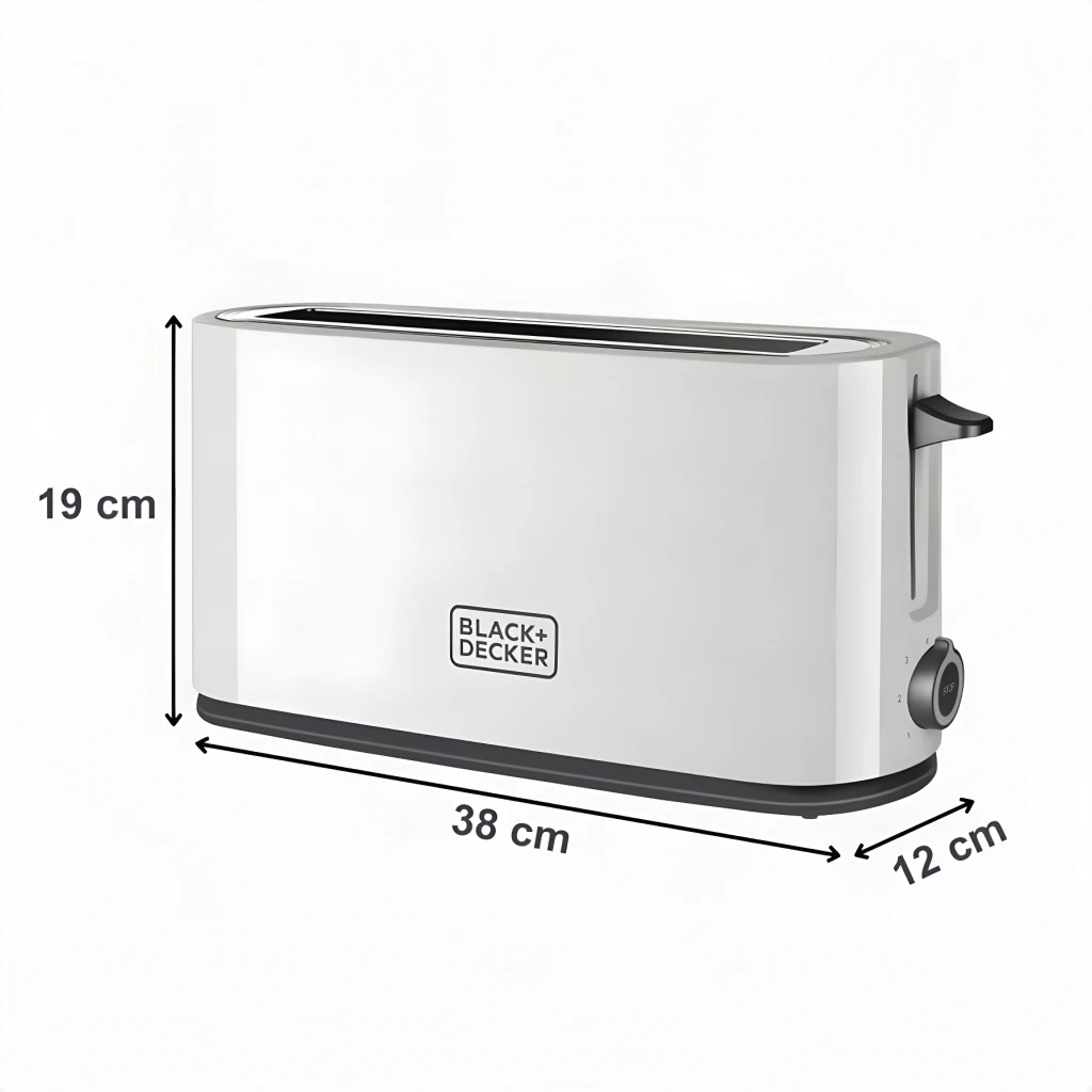 Grille-pain Black & Decker 1000W 1 fente Blanc BXTO1001E, dimensions: vue latérale avec mesures 38x12x19 cm