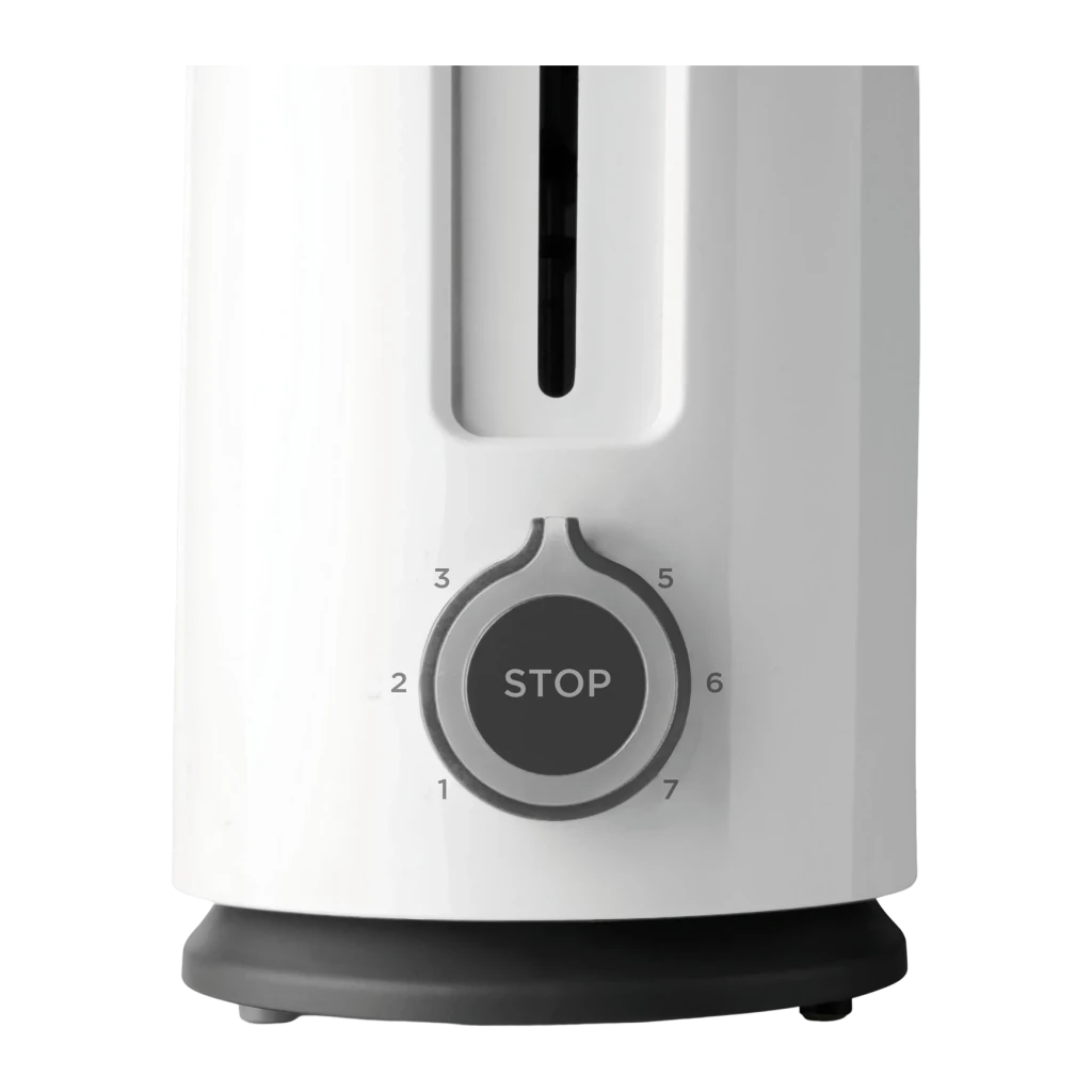 Grille-pain Black & Decker 1000W 1 fente Blanc BXTO1001E, détail: sélecteur de 1 à 7 avec bouton STOP central