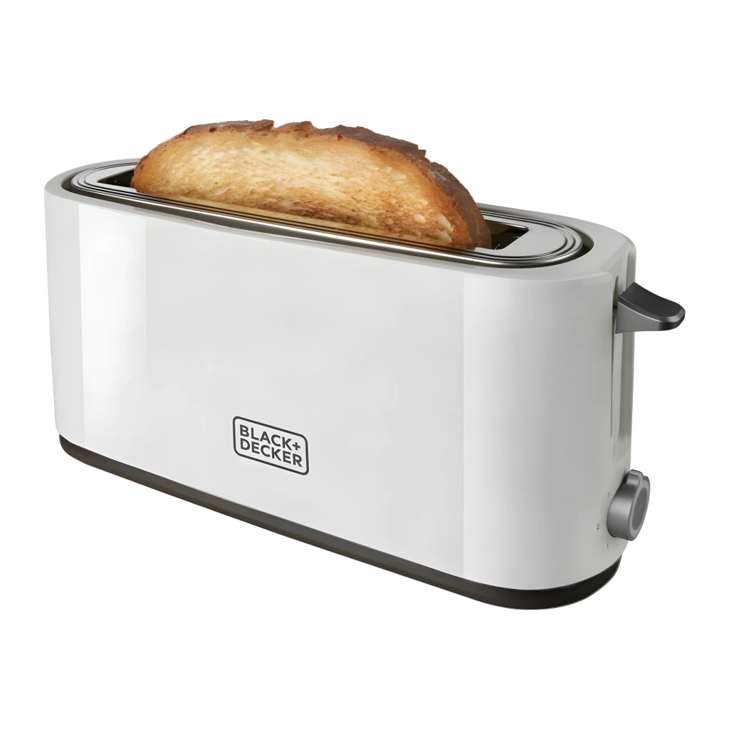 Grille-pain Black & Decker 1000W 1 fente Blanc BXTO1001E, détail: tranche dorée dépassant de la longue fente avec bordure