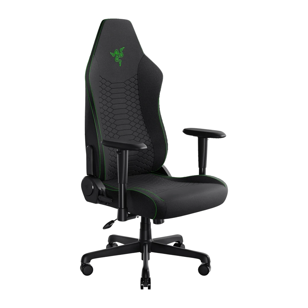Siège Gaming Razer Iskur V2 X Noir/Vert Tissu Respirant 2D 136 kg, vue de face: tissu hexagonal noir avec liserés verts