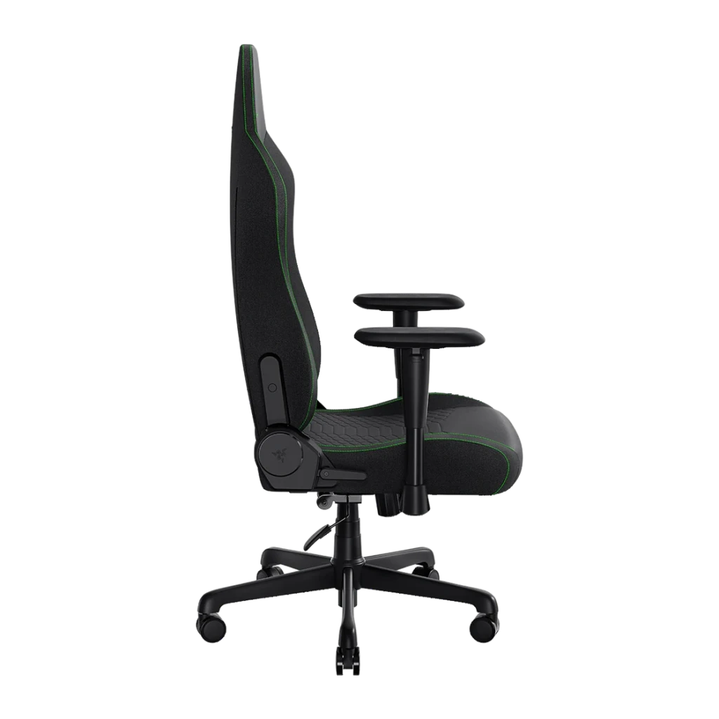 Siège Gaming Razer Iskur V2 X Noir/Vert Tissu Respirant 2D 136 kg, détail latéral: profil complet avec surpiqûres vertes