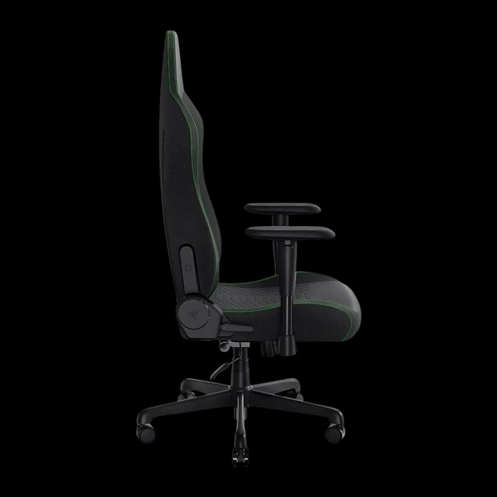 Siège Gaming Razer Iskur V2 X Noir/Vert Tissu Respirant 2D 136 kg, détail latéral: profil complet avec surpiqûres vertes
