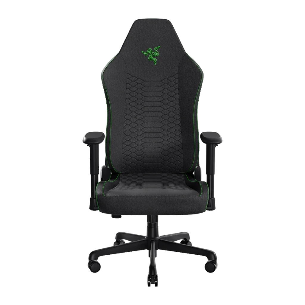 Siège Gaming Razer Iskur V2 X Noir/Vert Tissu Respirant 2D 136 kg, détail face avant: logo vert sur dossier matelassé
