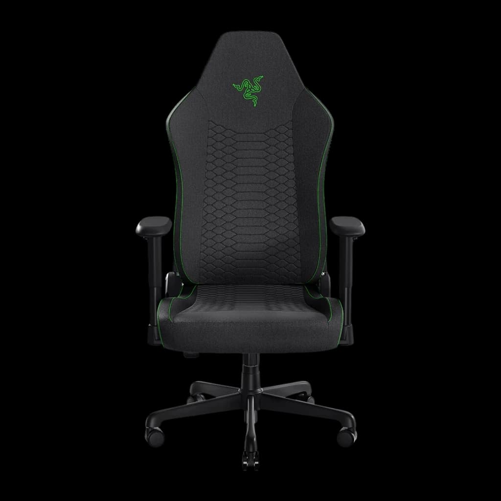 Siège Gaming Razer Iskur V2 X Noir/Vert Tissu Respirant 2D 136 kg, détail face avant: logo vert sur dossier matelassé