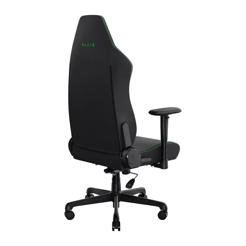 Siège Gaming Razer Iskur V2 X Noir/Vert Tissu Respirant 2D 136 kg, vue arrière: dossier en tissu avec logo Razer vert