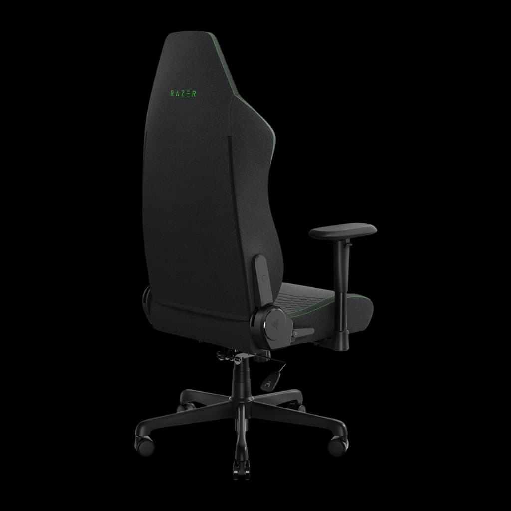 Siège Gaming Razer Iskur V2 X Noir/Vert Tissu Respirant 2D 136 kg, vue arrière: dossier en tissu avec logo Razer vert