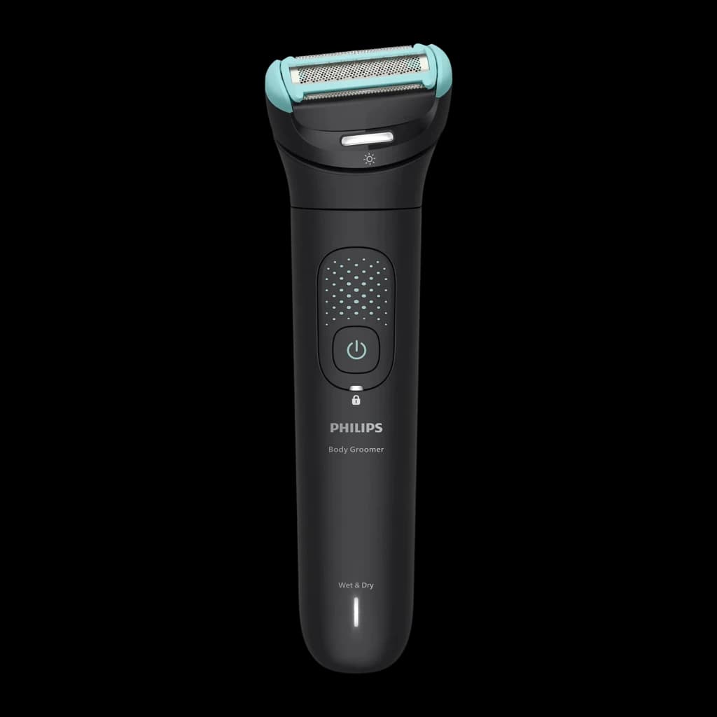 Tondeuse corporelle Philips Bodygroom Series 7000 Triple Protect Sec et mouillé Noir BG7470/15, vue de face: tête turquoise
