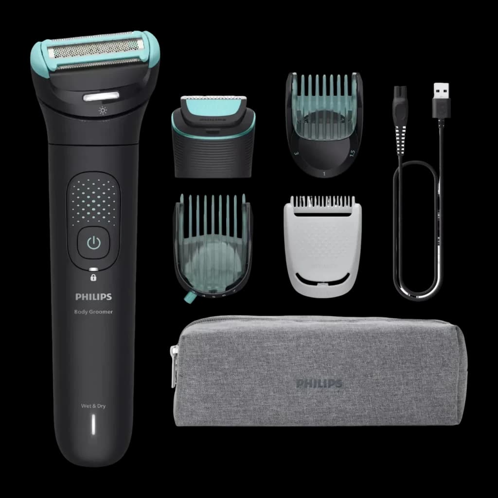 Tondeuse corporelle Philips Bodygroom Series 7000 Triple Protect Sec et mouillé Noir BG7470/15, détail: accessoires inclus