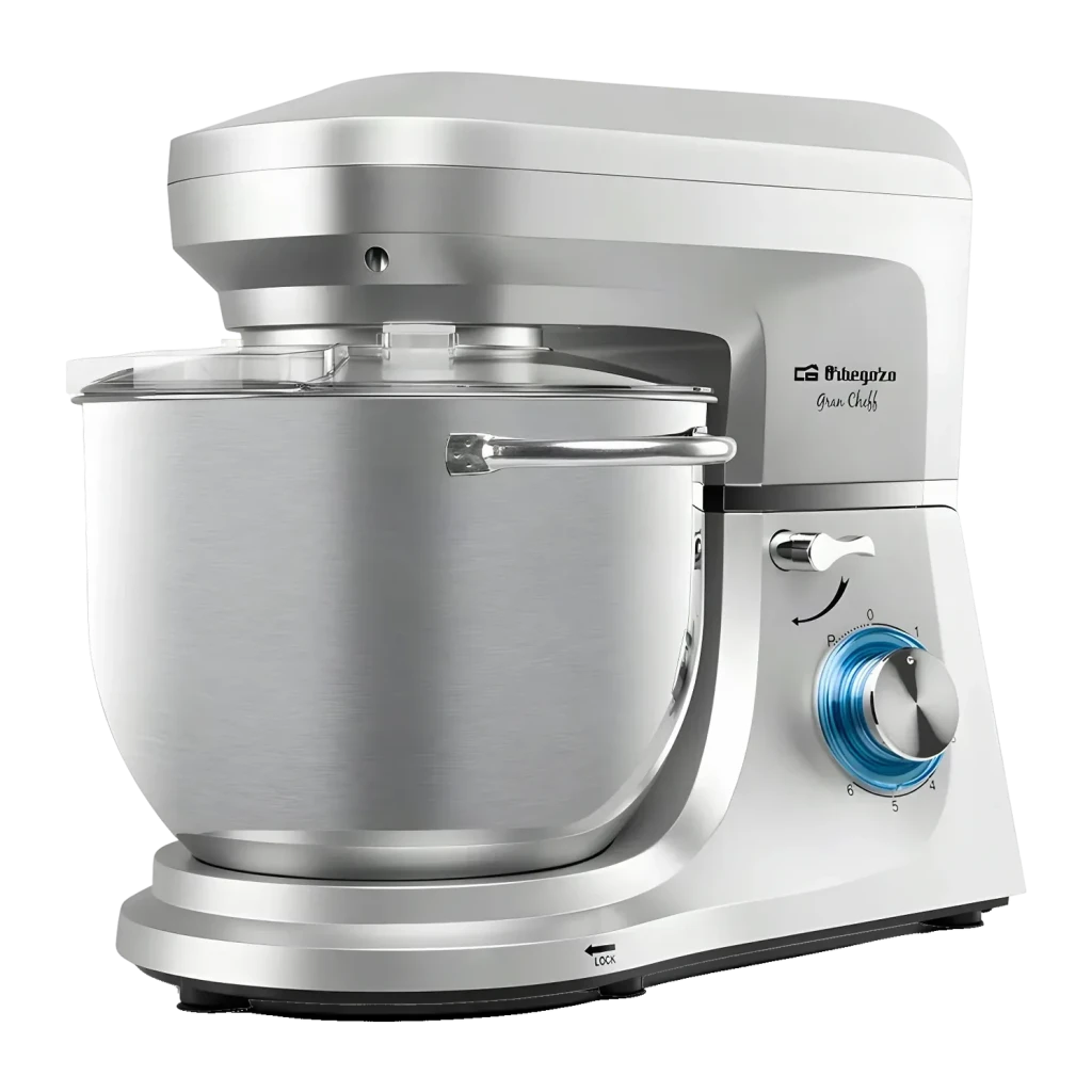 Batidora amasadora Orbegozo 7L 1800W Rotación planetaria Plata AM 8000, vista frontal: bol de acero inoxidable, mando azul