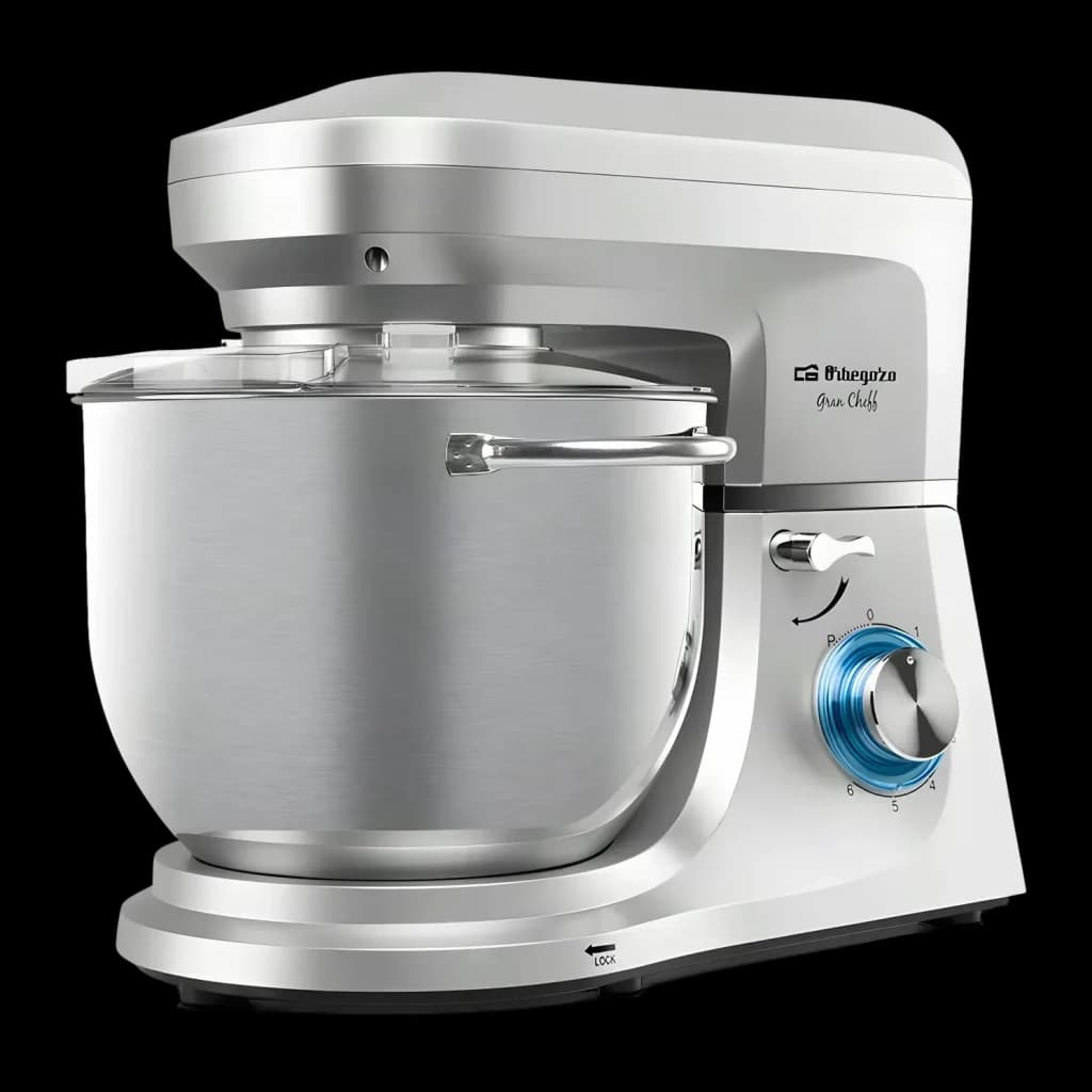 Batidora amasadora Orbegozo 7L 1800W Rotación planetaria Plata AM 8000, vista frontal: bol de acero inoxidable, mando azul