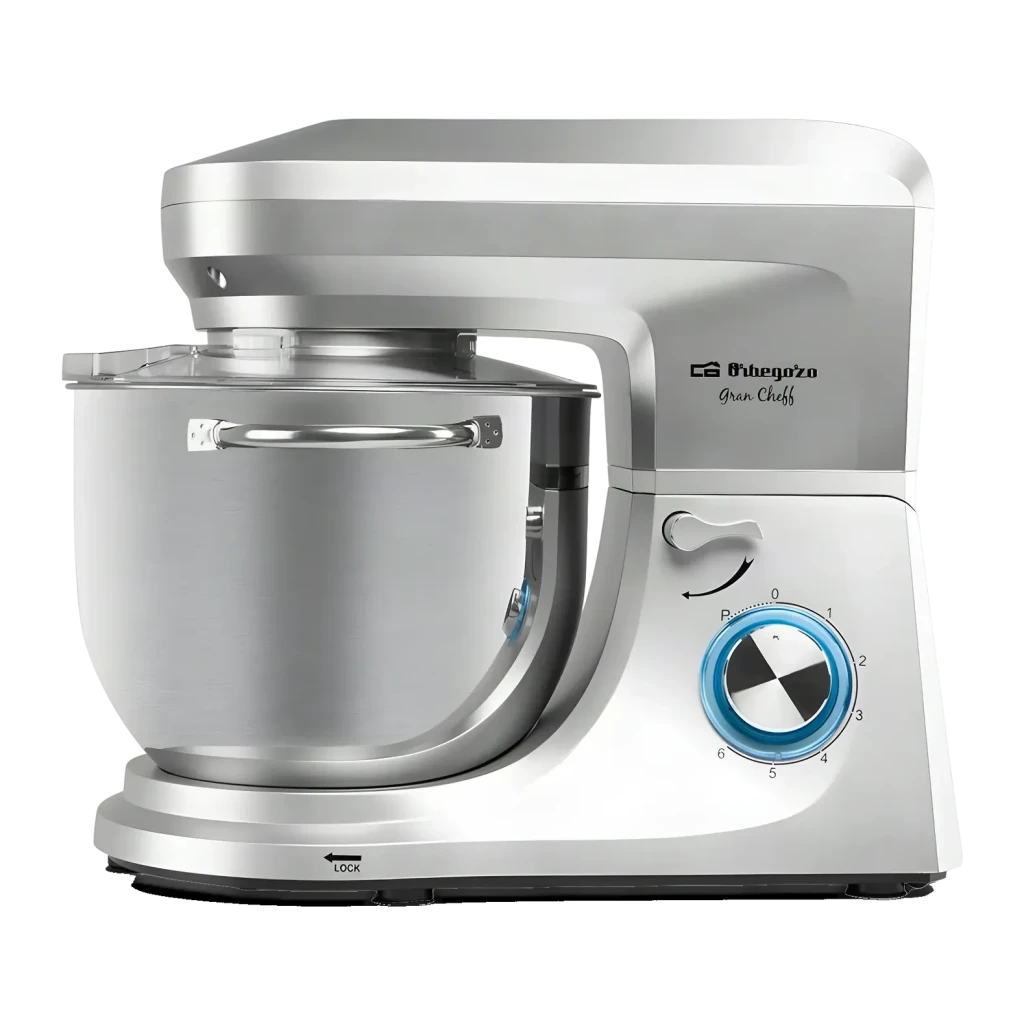 Batidora amasadora Orbegozo 7L 1800W Rotación planetaria Plata AM 8000, detalle: selector de velocidades azul iluminado
