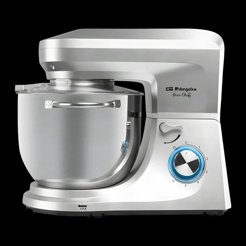 Batidora amasadora Orbegozo 7L 1800W Rotación planetaria Plata AM 8000, detalle: selector de velocidades azul iluminado