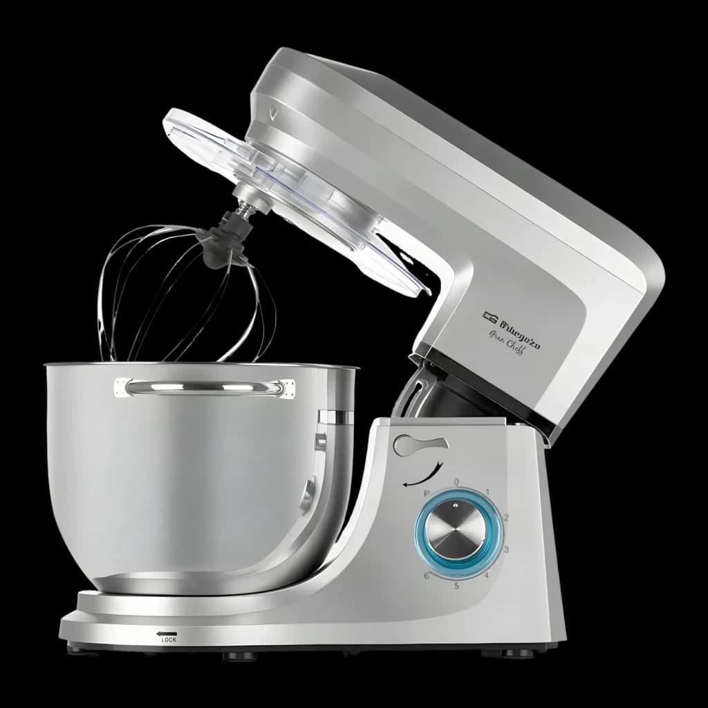 Batidora amasadora Orbegozo 7L 1800W Rotación planetaria Plata AM 8000, detalle lateral: varillas, bol inox y selector