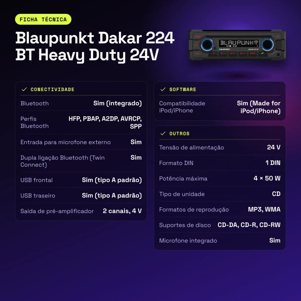 Autorradio Blaupunkt Dakar 224 BT Heavy Duty 24V Negro 1 DIN Bluetooth - características