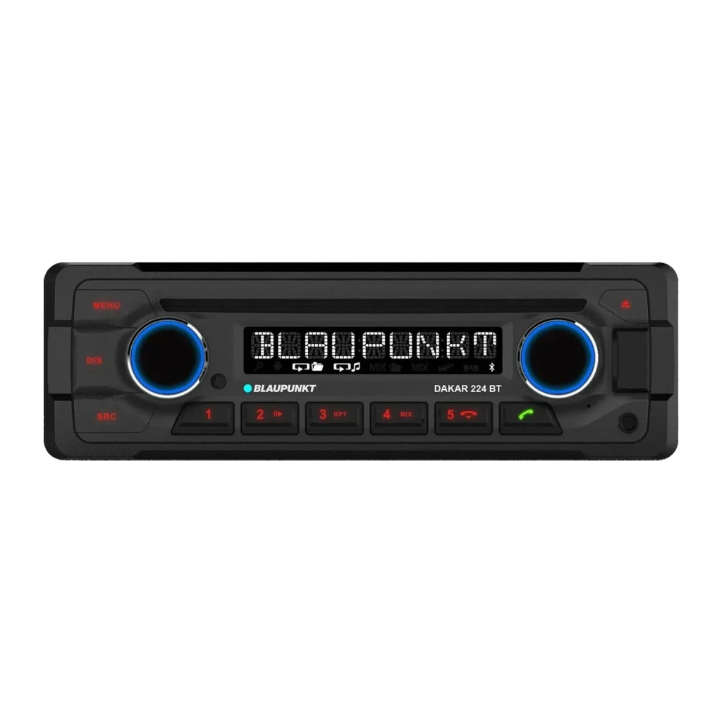 Autorradio Blaupunkt Dakar 224 BT Heavy Duty 24V 1 Negro DIN Bluetooth, vista frontal: pantalla LED, mandos azules y botones