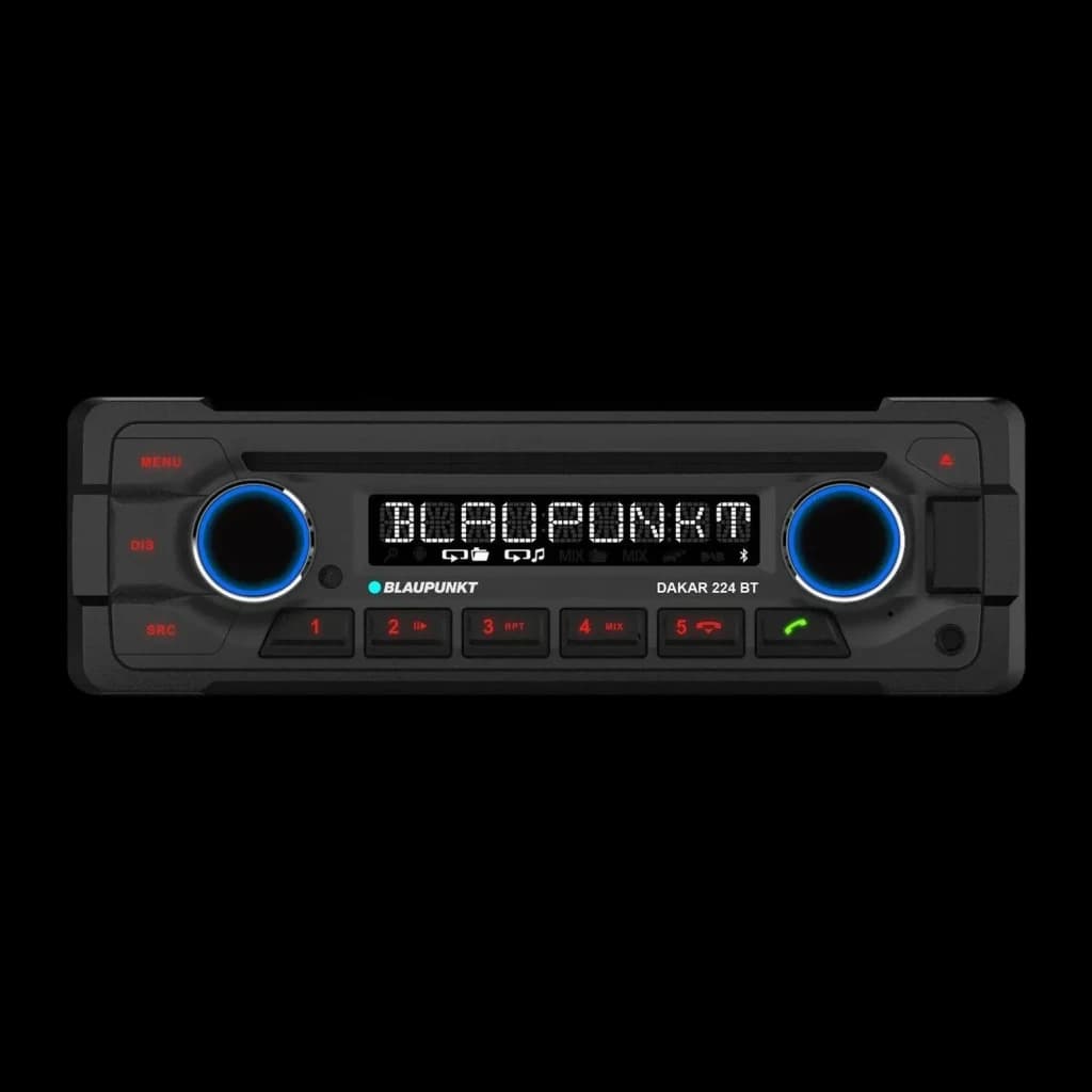 Autorradio Blaupunkt Dakar 224 BT Heavy Duty 24V 1 Negro DIN Bluetooth, vista frontal: pantalla LED, mandos azules y botones