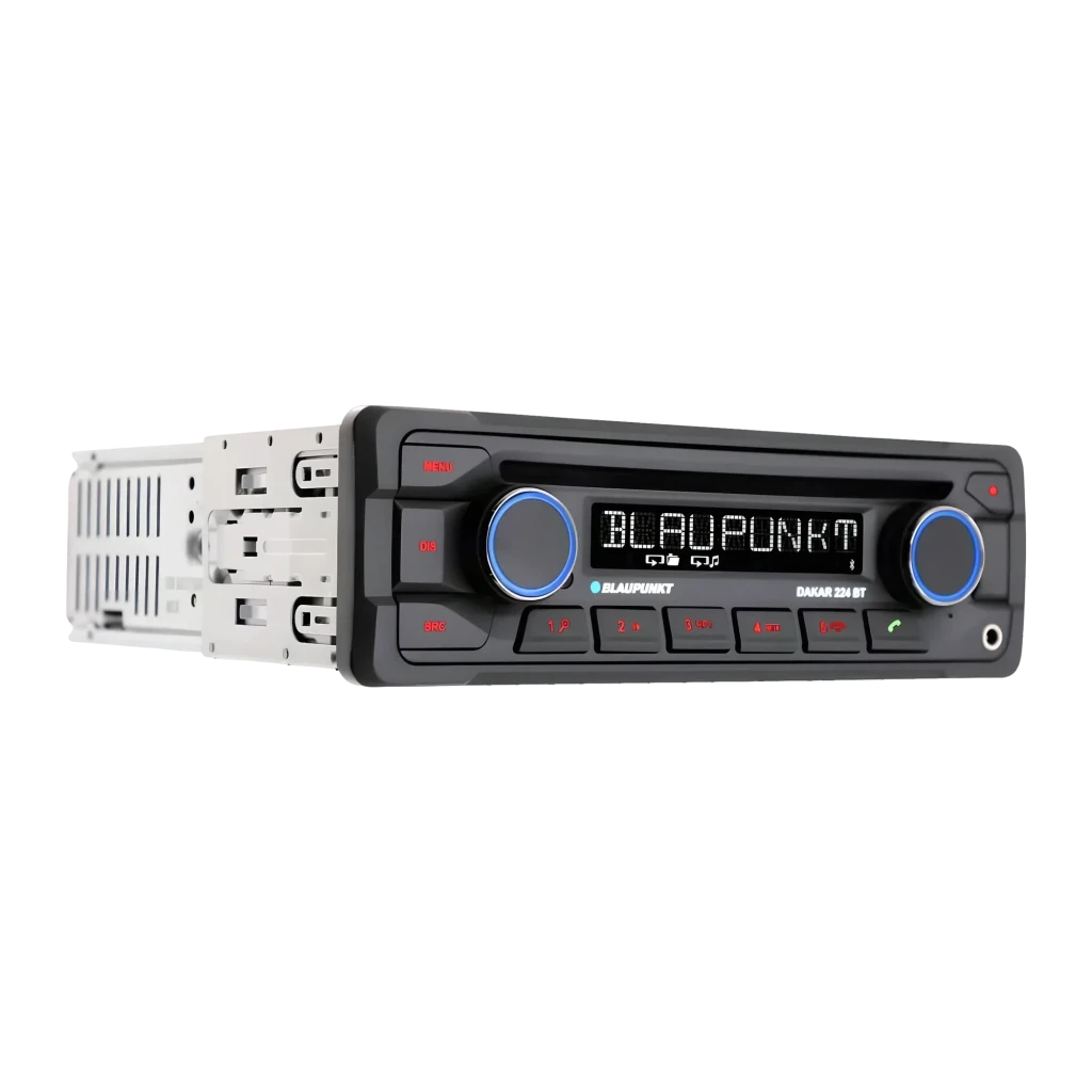 Autorradio Blaupunkt Dakar 224 BT Heavy Duty 24V 1 Negro DIN Bluetooth, detalle: pantalla LED encendida con mandos y aros