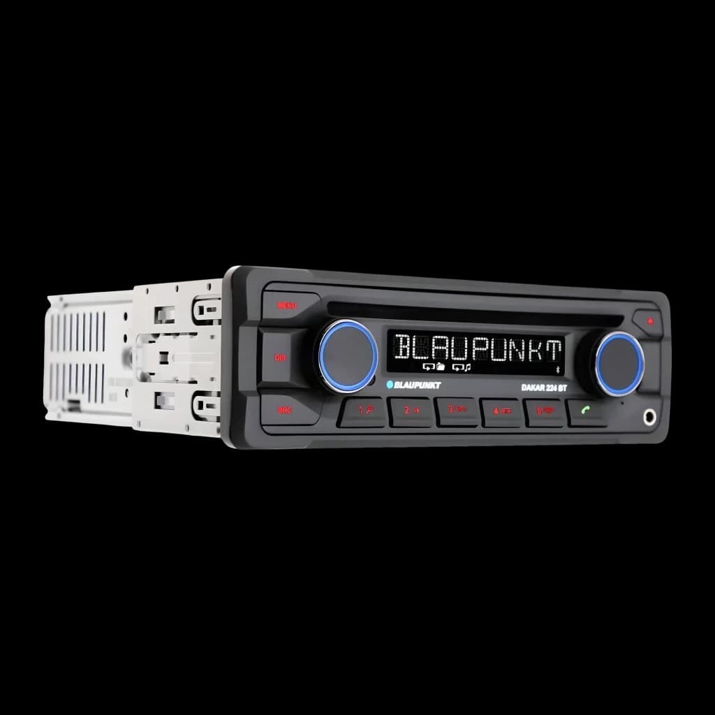 Autorradio Blaupunkt Dakar 224 BT Heavy Duty 24V 1 Negro DIN Bluetooth, detalle: pantalla LED encendida con mandos y aros