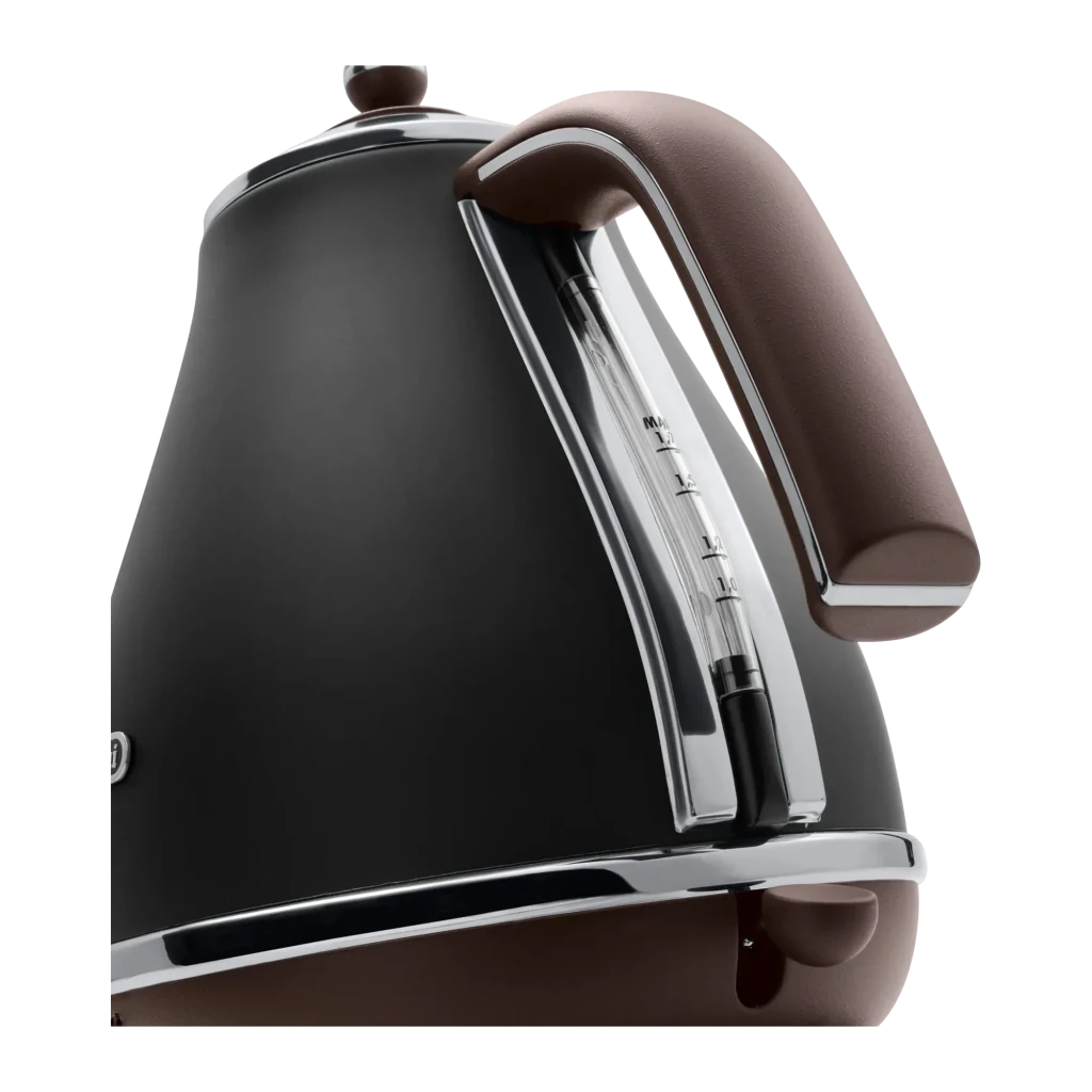 Chaleira elétrica De'Longhi Icona Vintage KBOV 2001 1,7L 2000W Preto, detalhe: pega castanha texturada e indicador de nível