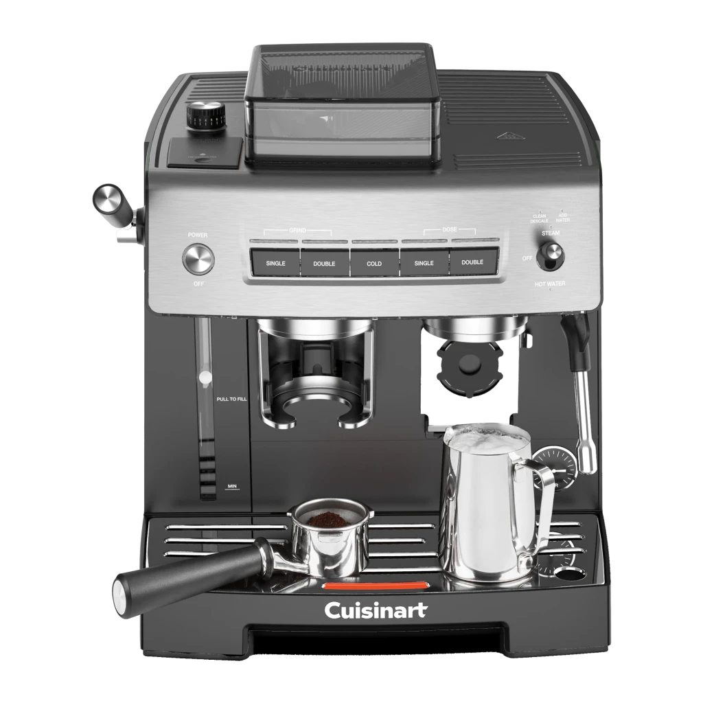 Machine à Expresso Cuisinart 2,2L Moulin intégré 16 positions Noir/Argent EM640E, vue de face: panneau GRIND et DOSE, trémie