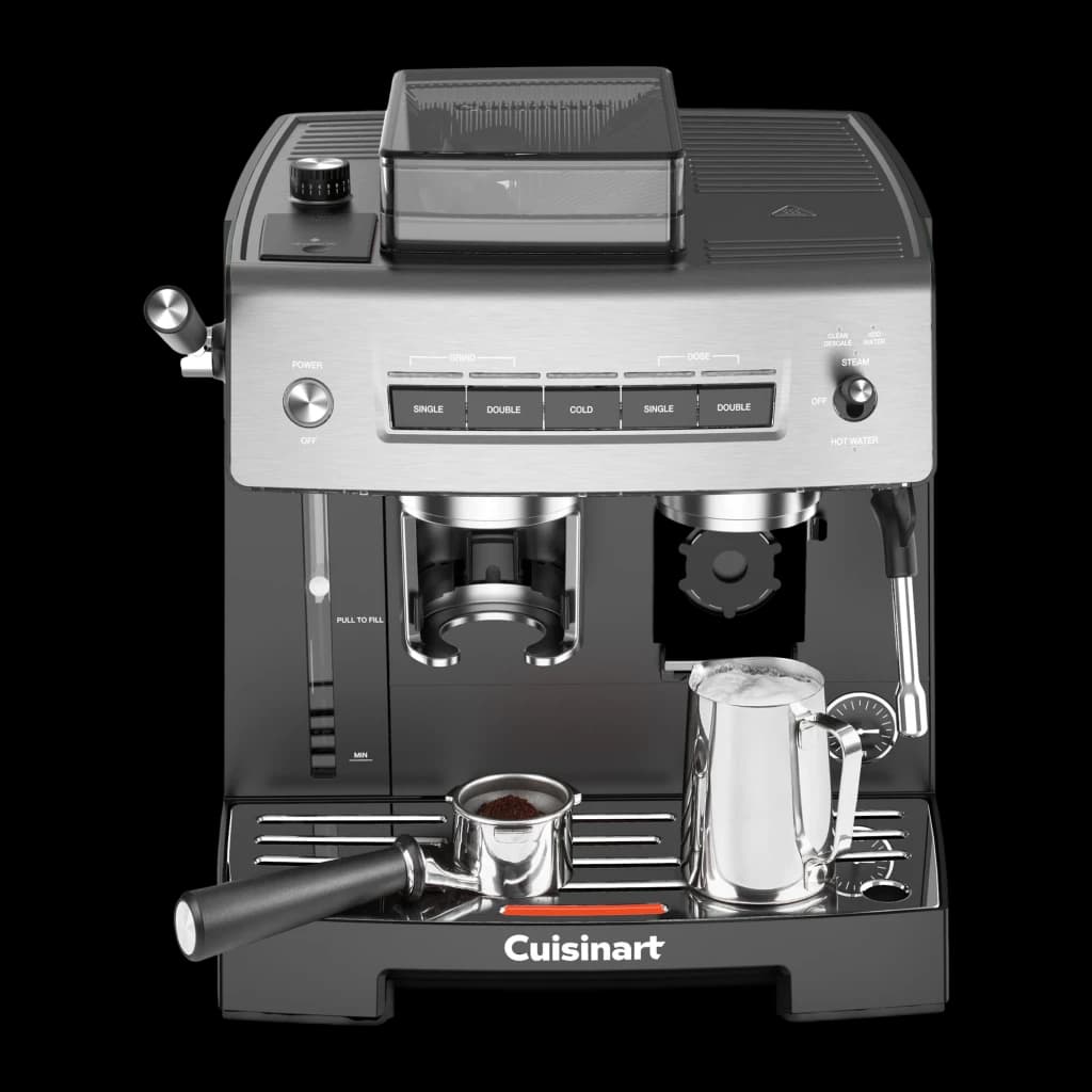 Machine à Expresso Cuisinart 2,2L Moulin intégré 16 positions Noir/Argent EM640E, vue de face: panneau GRIND et DOSE, trémie