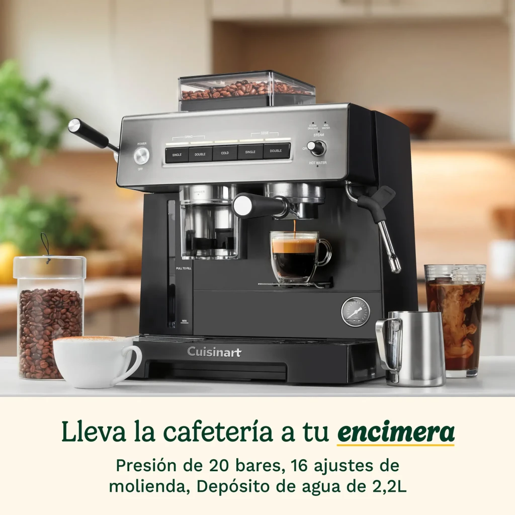 Machine à Expresso Cuisinart 2,2L Moulin intégré 16 positions Noir/Argent EM640E, en utilisation: extraction d'espresso
