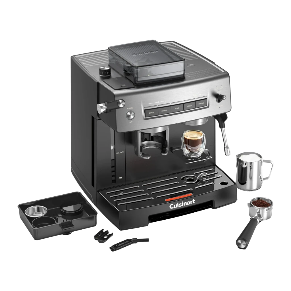 Machine à Expresso Cuisinart 2,2L Moulin intégré 16 positions Noir/Argent EM640E, détail: accessoires inclus bac