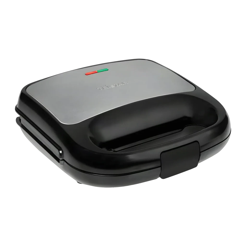 Sandwichera TriStar 3 en 1 750W 2 bocadillos Negro SA-3071, vista frontal: tapa plateada con indicadores rojo y verde
