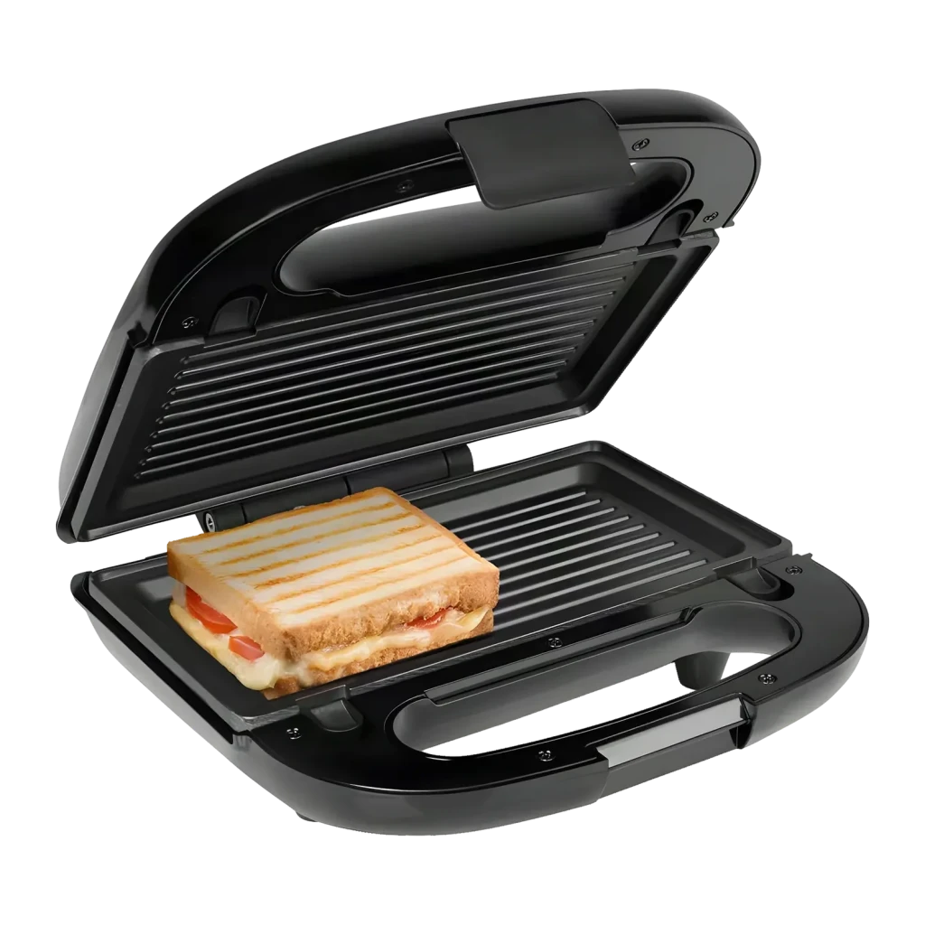 Sandwichera TriStar 3 en 1 750W 2 bocadillos Negro SA-3071, detalle: tapa abierta con placas grill y sándwich tostado