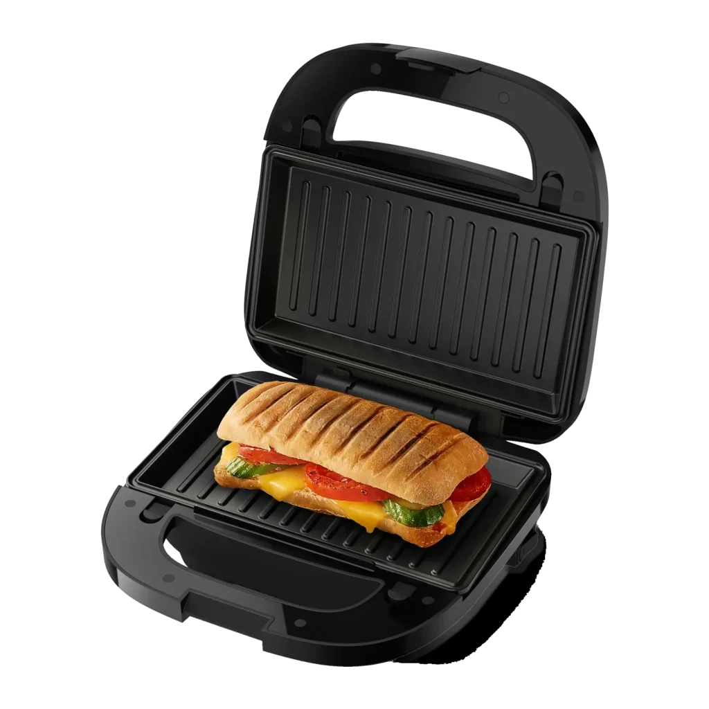 Sandwichera Philips Grill 3 en 1 750W Negro/Plata HD2350/80, detalle: placas grill acanaladas abiertas con sandwich tostado