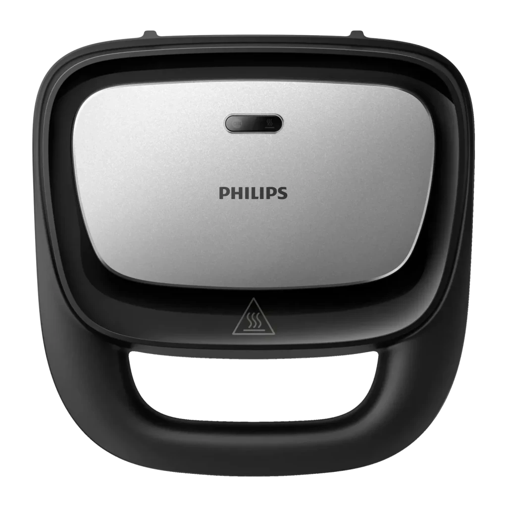 Sandwichera Philips Grill 3 en 1 750W Negro/Plata HD2350/80, detalle superior: tapa plateada con logo Philips, indicador LED