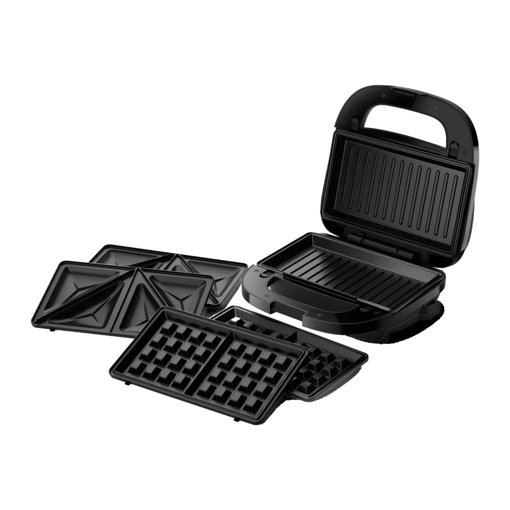 Sandwichera Philips Grill 3 en 1 750W Negro/Plata HD2350/80, detalle: placas intercambiables grill, sandwichera y gofrera