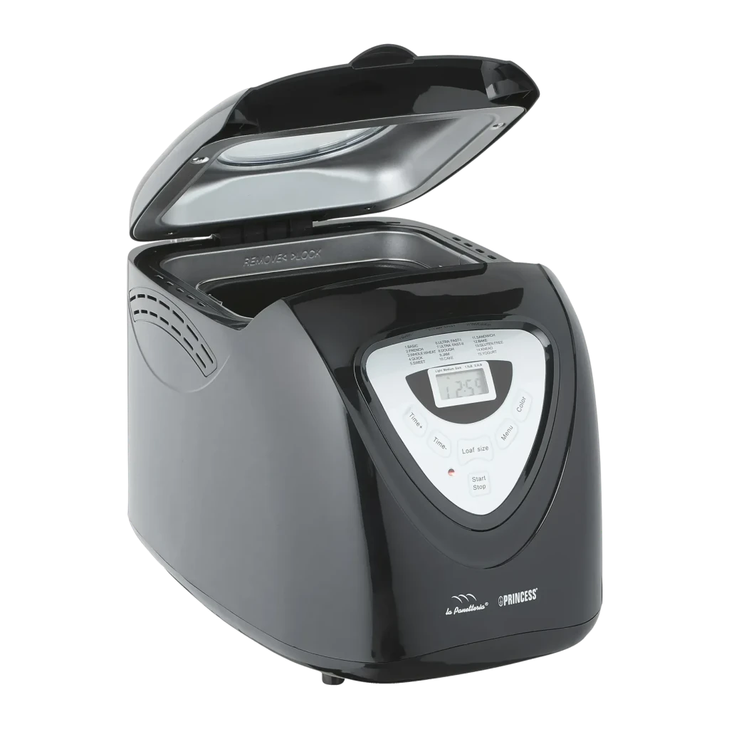 Machine à pain Princess 600W 900g Noir/Argent 152009, détail: couvercle ouvert révélant la cuve et le panneau LCD
