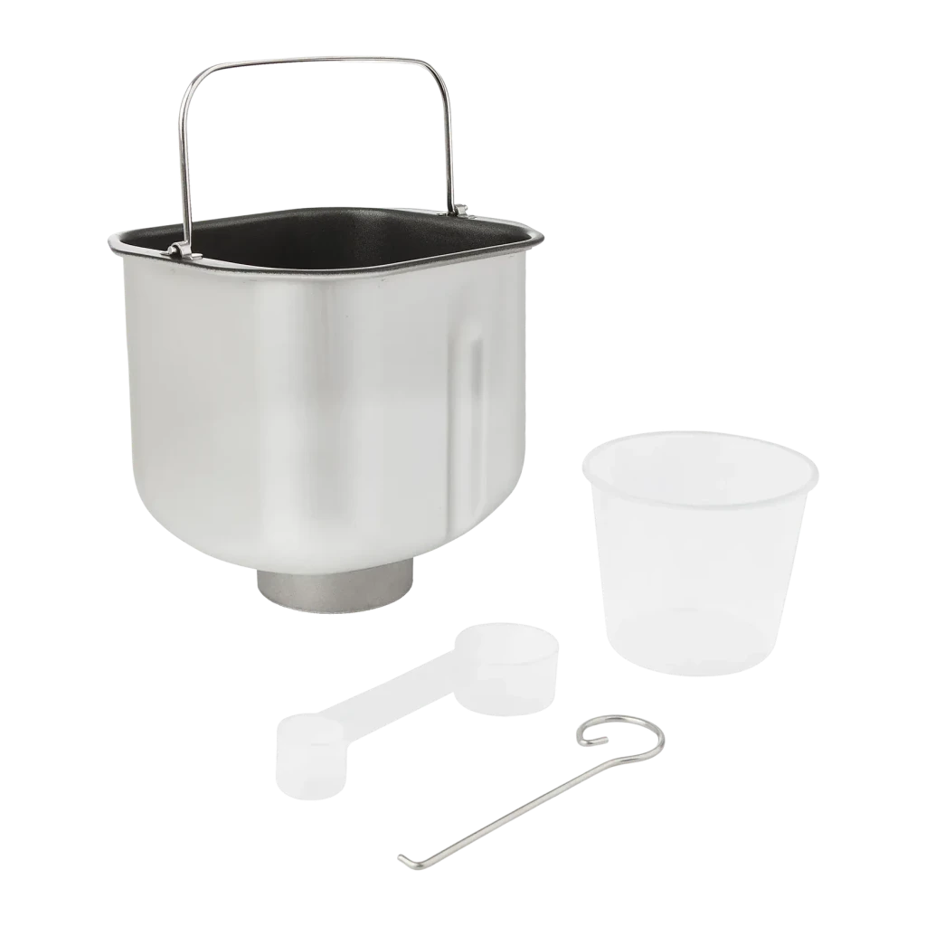 Machine à pain Princess 600W 900g Noir/Argent 152009, détail: cuve antiadhésive avec anse, cuillère doseuse, verre