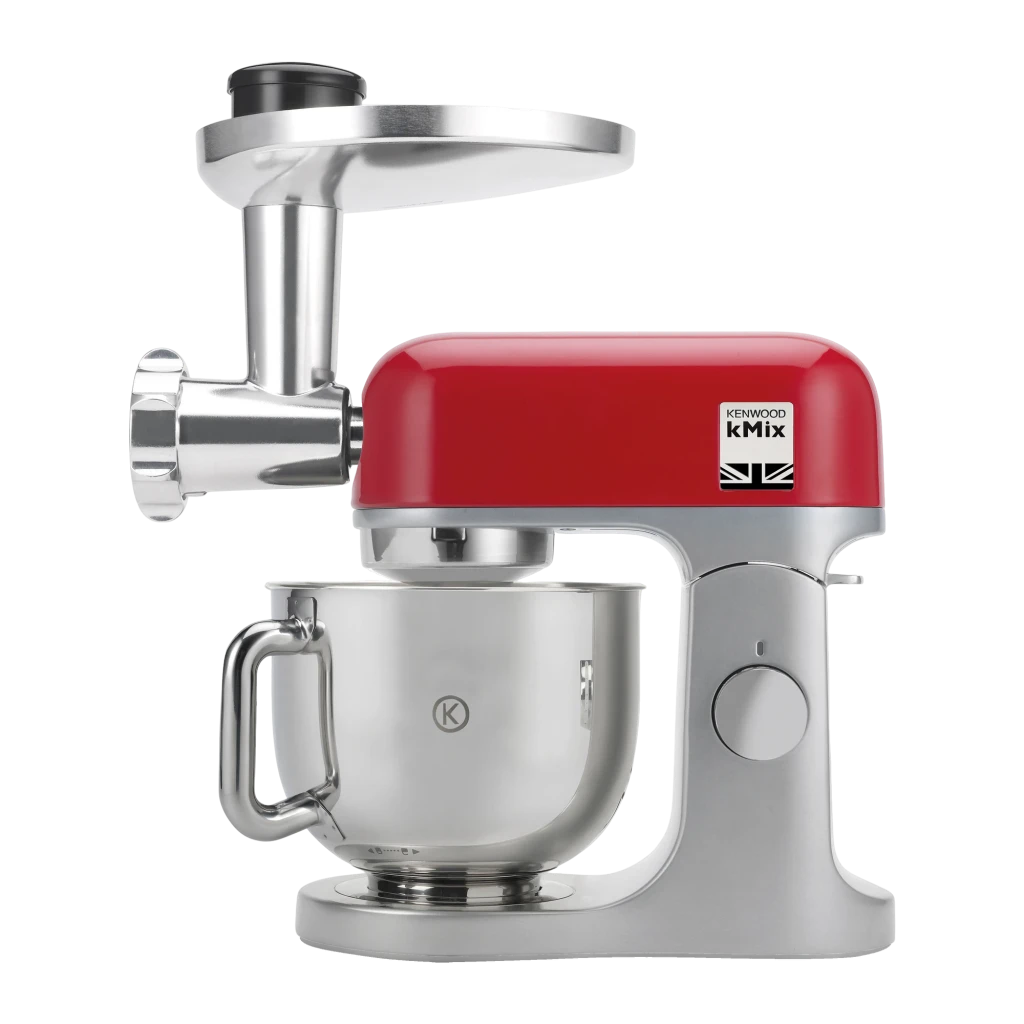 Hachoir à viande Kenwood Acier Inoxydable KAX950ME, détail: accessoire hachoir monté sur robot kMix rouge avec bol inox