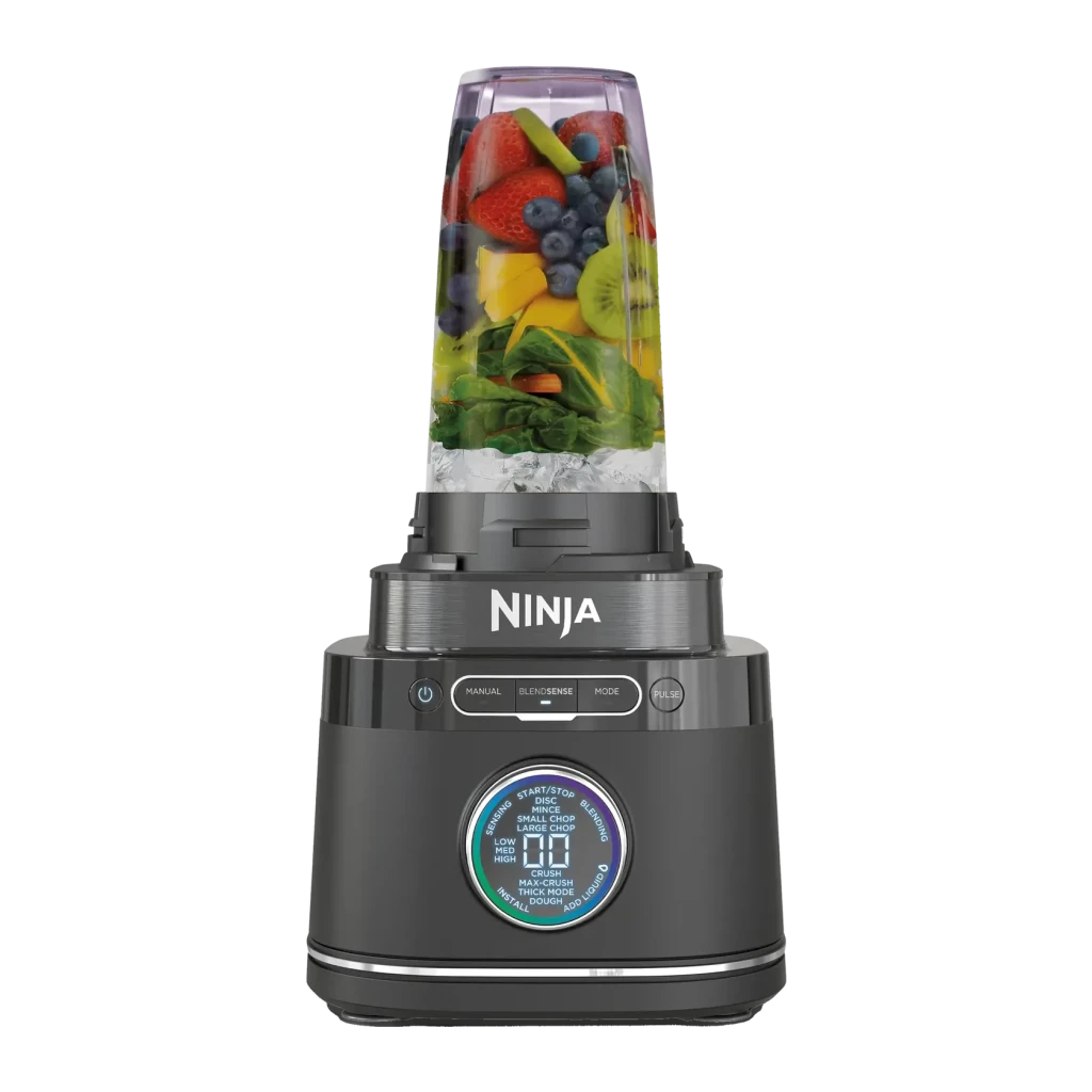 Blender Ninja Detect Power Pro 2,1L 1200W 14 vitesses Noir TB401EU, détail: écran circulaire avec modes et bol rempli