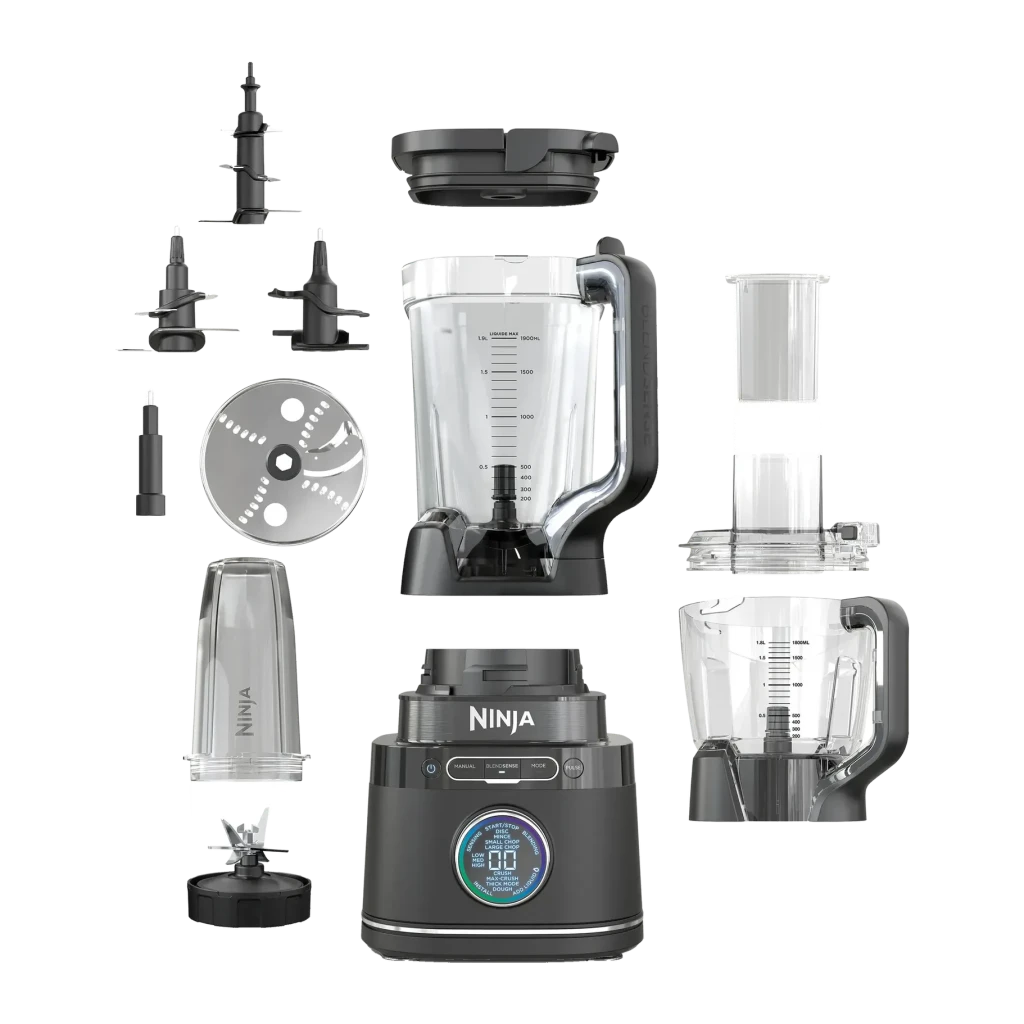 Blender Ninja Detect Power Pro 2,1L 1200W 14 vitesses Noir TB401EU, détail: accessoires déployés, lames, disque râpeur, bol