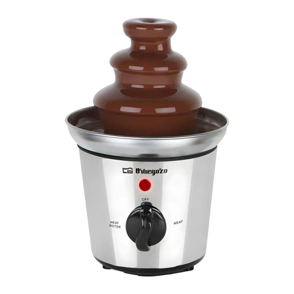Fuente de chocolate Orbegozo FCH 4000 1L 40W, vista frontal: torre de 3 niveles con chocolate, base de acero y mando selector
