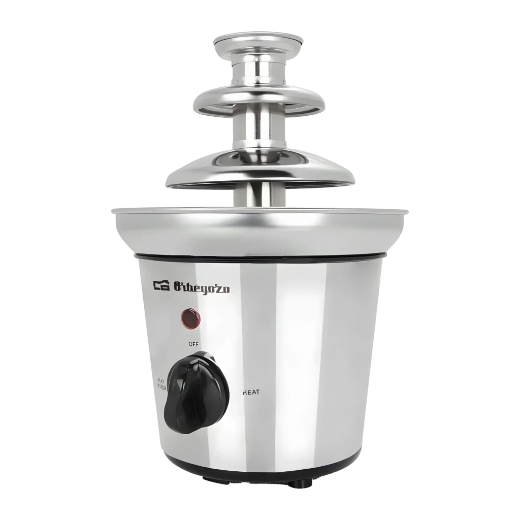 Fuente de chocolate Orbegozo FCH 4000 1L 40W, detalle: mando rotatorio y piloto rojo en cuerpo de acero inoxidable