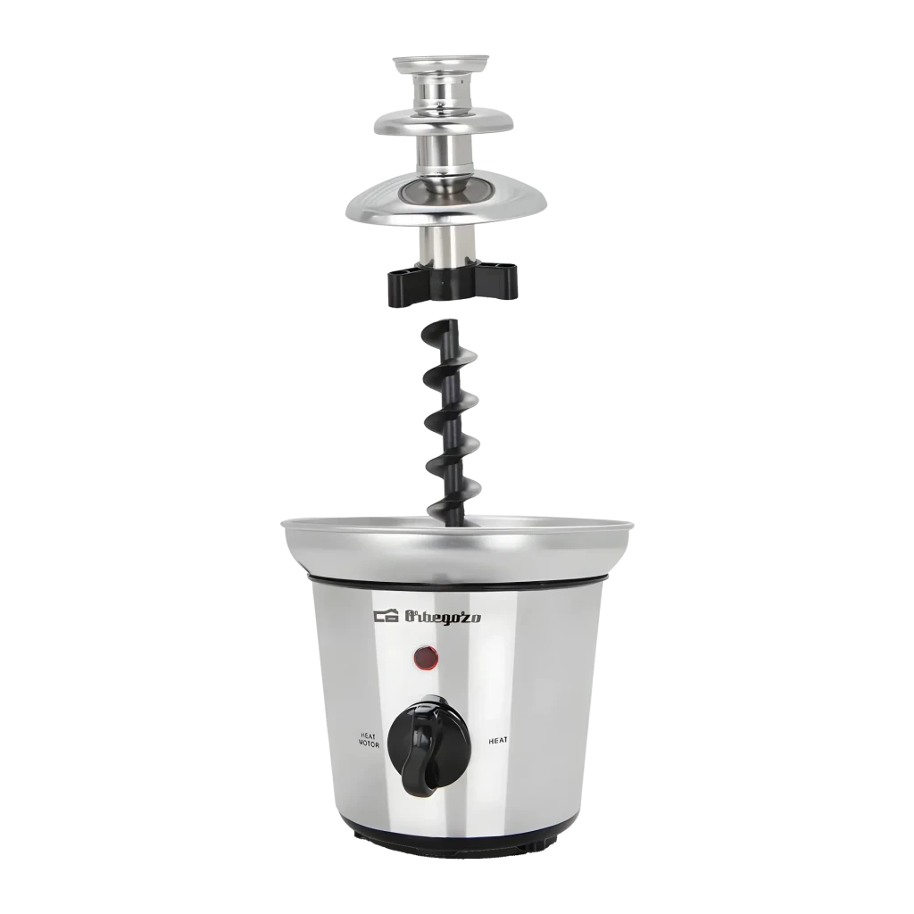 Fuente de chocolate Orbegozo FCH 4000 1L 40W, detalle: torre desmontada con sinfín, platos y base con mando y piloto