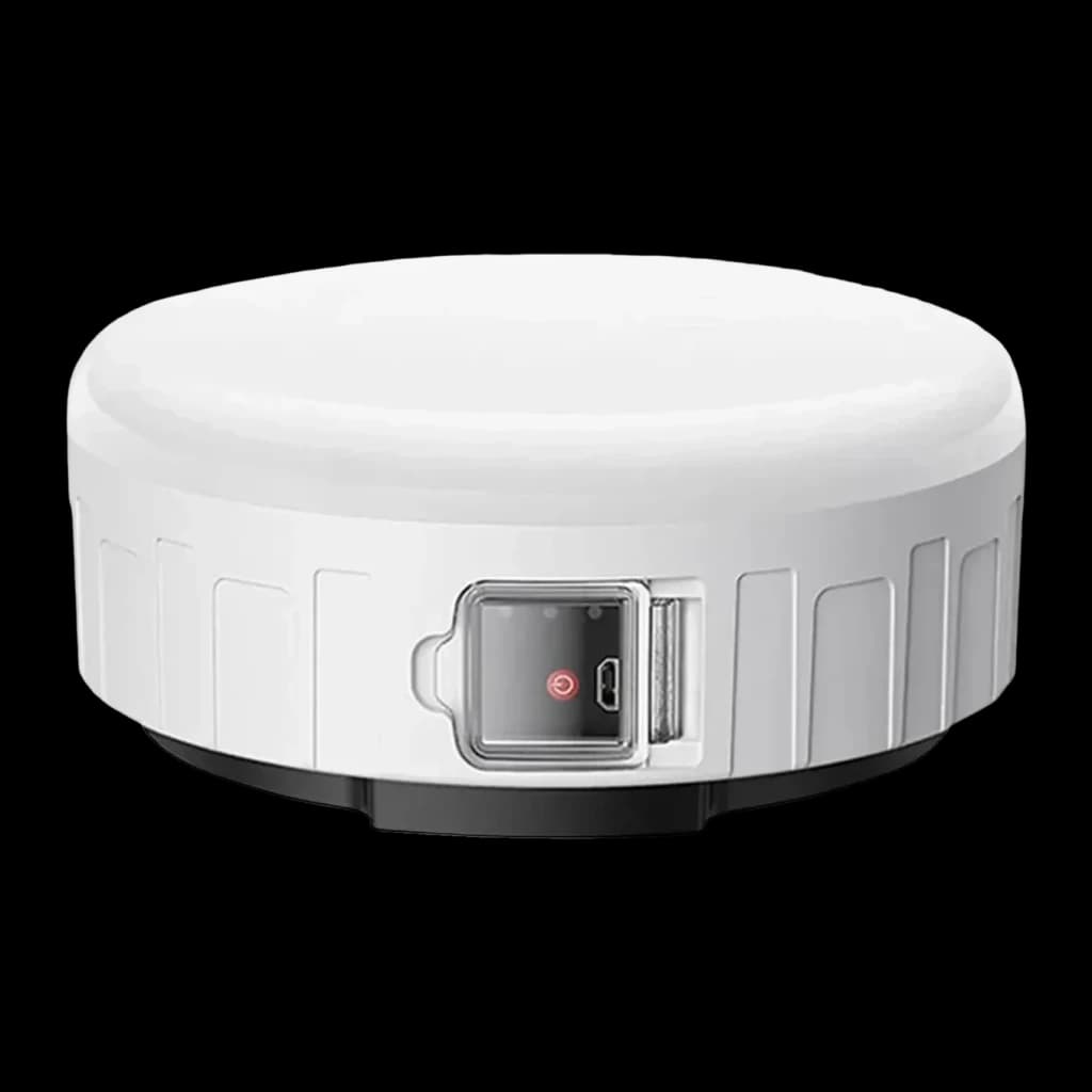 Lanterna de Campismo Superfire T25 Branco Recarregável USB 400 Lúmens, vista frontal: corpo circular branco com porta USB