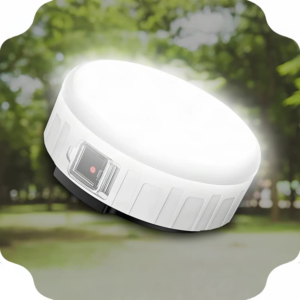 Lanterna de Campismo Superfire T25 Branco Recarregável USB 400 Lúmens, em uso: acesa emitindo luz LED intensa, botão