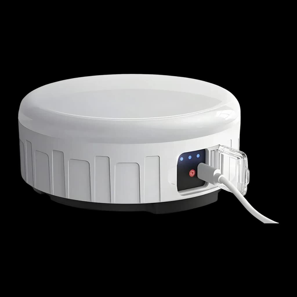 Lanterna de Campismo Superfire T25 Branco Recarregável USB 400 Lúmens, detalhe: porta USB com cabo ligado, indicador