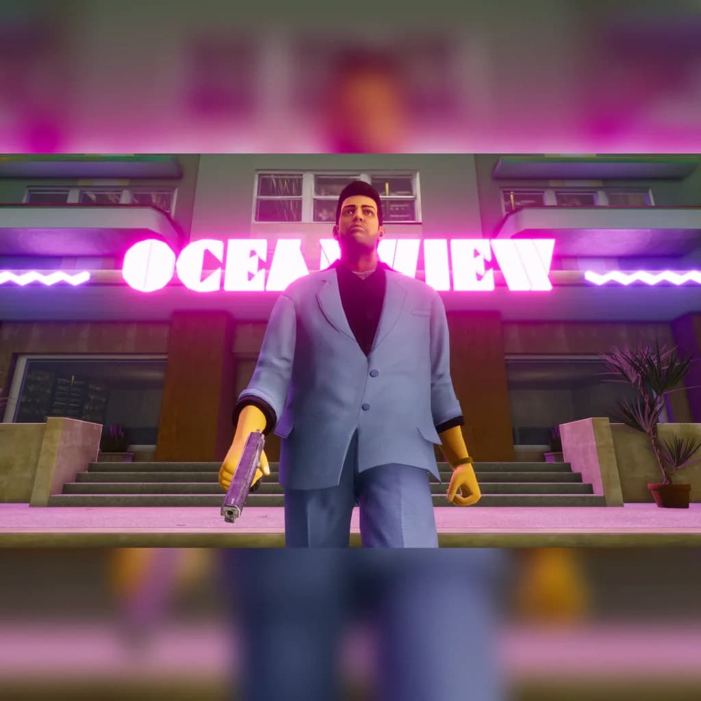 Jogo da Rockstar Games «Grand Theft Auto: The Trilogy – Definitive Edition» para PS4, em jogo: Tommy Vercetti armado diante